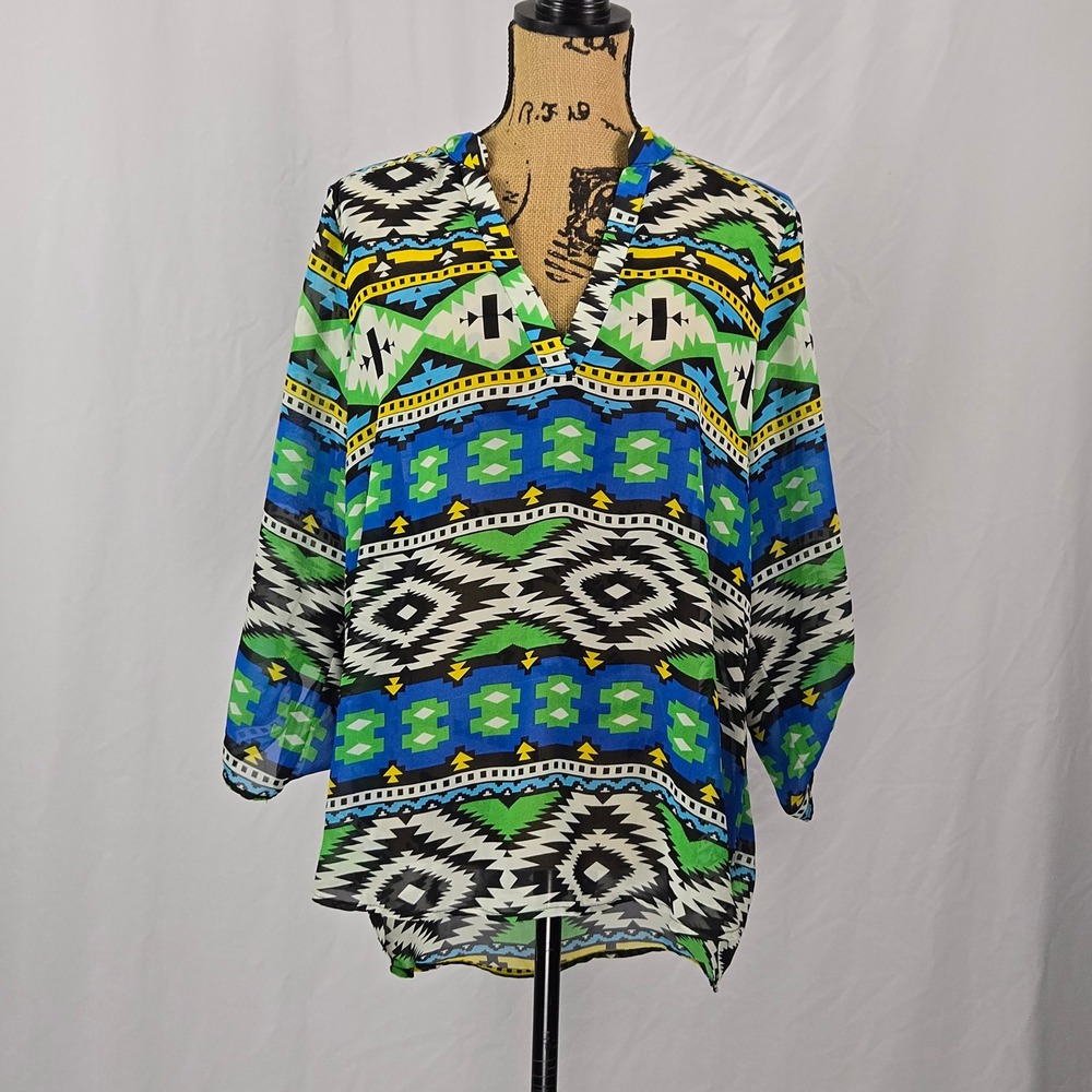 Vintage Jody California XXL Multicolor Aztec Tribal Print Tunic Top Made in USA